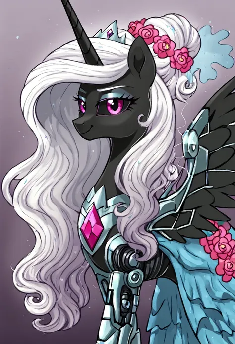 alicorn , white mane,light blue cybernetic eyes, cybernetic body,black sclera ,black body color  long flowing  mane princess pon...