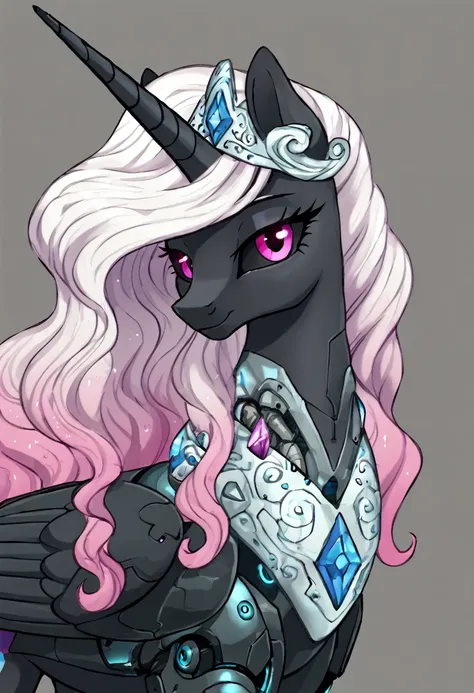 alicorn , white mane,light blue cybernetic eyes, cybernetic body,black sclera ,black body color  long flowing  mane princess pon...