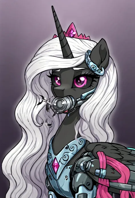 alicorn , white mane,light blue cybernetic eyes, cybernetic body,black sclera ,black body color  long flowing  mane princess pon...