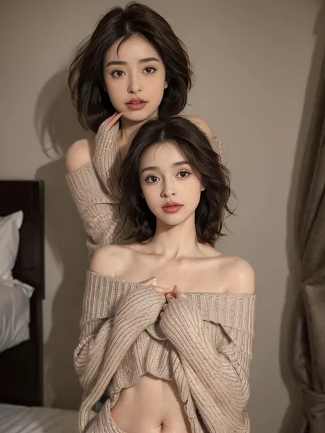 ((Best quality, 8k, Masterpiece: 1.3)), Contour: 1.2, Perfect body beauty: 1.4, Butt: 1.2, ((long Layered haircut, Round chest: 1.5) ), 1girl, (hotel bed: 1.3), big breast, highly detailed face and skin texture, Beautiful eyes, Double eyelids, White skin, ...