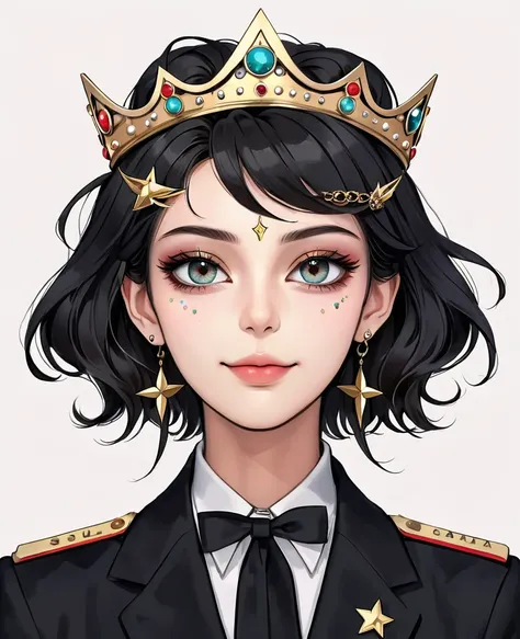 (Digital Illustration，Detailed anime style girl portrait，Solitary，symmetry)，(Big colorful eyes，Fashionable and exquisite facial features，Exquisite makeup，Sweet smile，Star symbol mark on cheek，Soulful gaze，)，(Beautifully updo hairstyle，crown)，(Black suit，Ep...