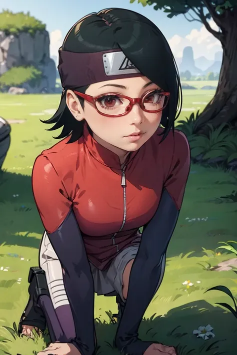 (sarada uchiha,short hair,black hair,glasses),full body picture unreal engine 5 8k uhd of beautiful girl, green japanese style l...