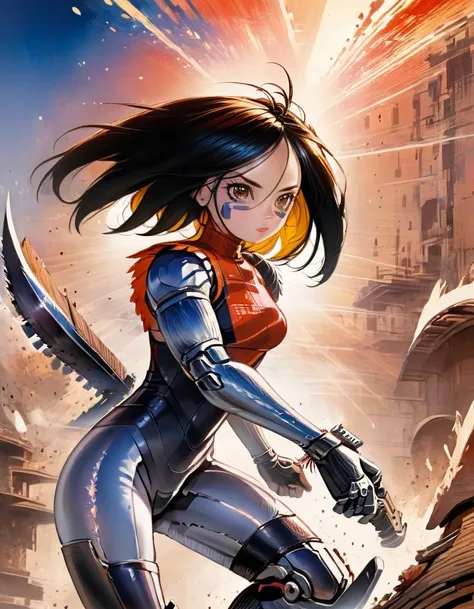 alita character, action scene(inspired by art by yukito kishiro). oil painting)