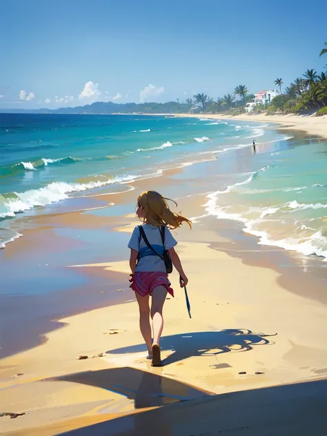 Chica semiumana caminando por la playa 