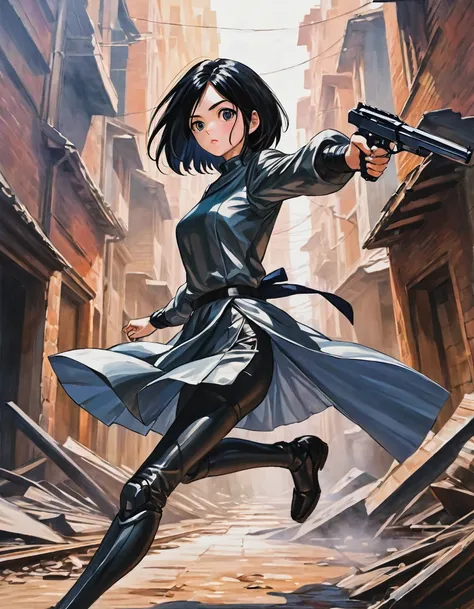 Alita character, action scene(inspired by art by Yukito Kishiro). oil painting)
