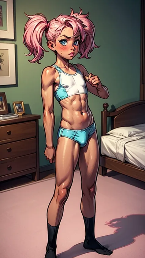 masterpiece, best quality, ultra detailed,(((boy, femboy, femboi, otoko no ko))), pink hair, short twintails,blue eyes, american ,flat breasts,Bulge, (male focus),blush,(pink lips),solo, ,tan, dark skin, standing, sports underwear, white socks, bedroom, ,(...