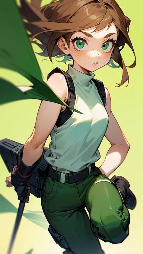 A girl with short fluffy light brown hair and light green eyes with freckles and long eyelashes. Buko no hero academia style. With a sleeveless shirt and pants with hanging black boots. 
