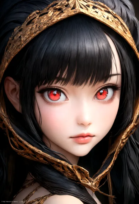 Portrait of a sexy girl in anime style, African girl, with long jet black hair, Red eyes, black, perfect composition, super detailed, 8 k, high quality, преRed eyes, trendy art, trending on artstation, sharp focus, studio photo, complex parts, by Tite Kubo