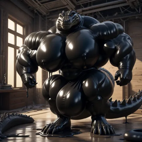 solo, male, , , ,  (hyper pecs:1.2), （long thick thighs:1.5）, standing, indoor,，(，,(,solo,very hyper muscles:1.3)((, Huge bulge：1.3))）（corruption)), black glowing liquid，（((liquid_latex, , rubber:1.2)，,black latex，goo transformation，(gooey)()(l），unreal eng...