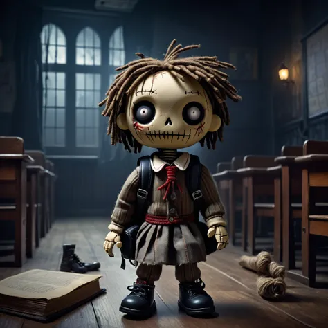 (knitted toy voodoo doll:1.0), at school, (with a backpack:1.2), in the clothes of a school student, (in the background a gloomy, gothic atmosphere of the school:1.3), Broken windows with torn curtains let in an eerie moonlight, best quality, masterpiece, ...