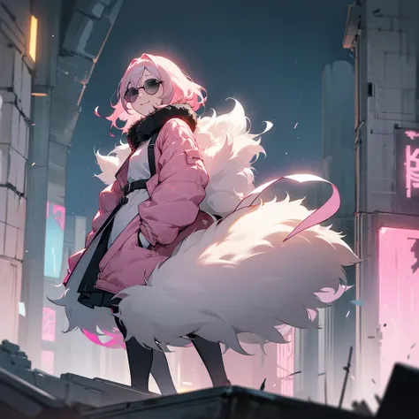 1female, adult, finely detailed grey eyes, wavy medium hair, pale pink hair, fur puffer jacket, standing on ruined building, night time, happy expression, sunglasses