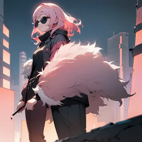 1female, adult, finely detailed grey eyes, wavy medium hair, pale pink hair, fur puffer jacket, standing on ruined building, night time, happy expression, sunglasses