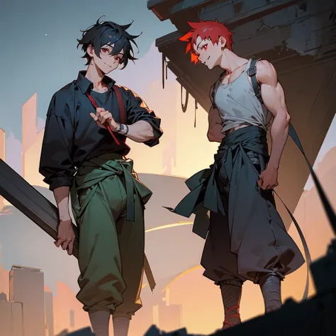 1male, adult, finely detailed red eyes, wild short hair, black hair, poor clothing, tied around waist, baggy pants, standing on ruined building, night time, happy expression, muscular, goggles, dirty