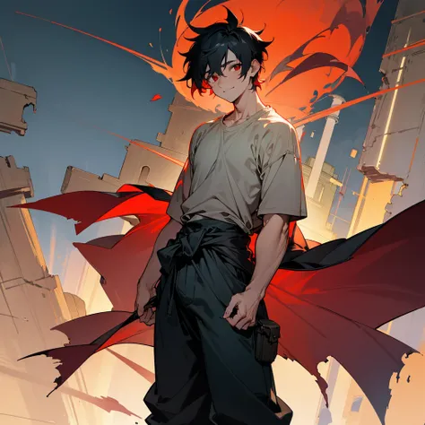 1male, adult, finely detailed red eyes, wild short hair, black hair, poor clothing, tied around waist, baggy pants, standing on ruined building, night time, happy expression, muscular, goggles, dirty