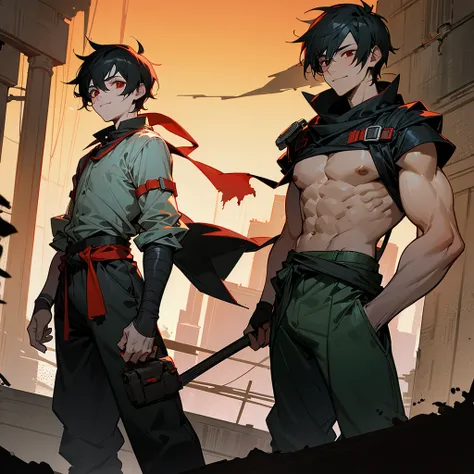 1male, adult, finely detailed red eyes, wild short hair, black hair, poor clothing, tied around waist, baggy pants, standing on ruined building, night time, happy expression, muscular, goggles, dirty