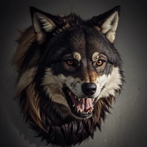 A scary wolf head is the logo of a gun shop brand.