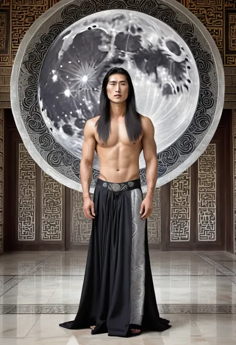 huge sexy masculine inflated tall man with long flowing straight hair in full height with open eyes, Looking Forward, on his face there are two black stripes on his cheeks - the moon god, Asian appearance, topless, in a floor-length silver skirt, semicircu...