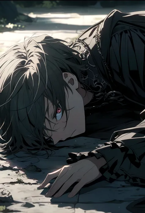 An anime boy with small glasses, that are half fallen,  in the gothic style 