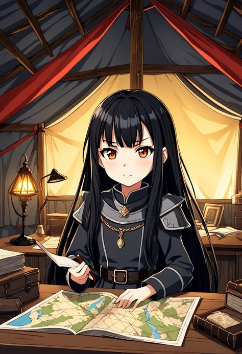  2D anime picture, (anime style 1), single girl, 10 years old, sadistic, demoness, beautiful long black hairstyle, in expensive warrior clothes, stand in officer tent in military camp near desk with map, fantasy, medieval age, night 