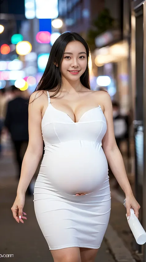 (in 8K、超A high resolution、Best Quality、masuter piece、Photorealsitic、The ultra -The high-definition)、(huge tit、Pretty big breasts、((huge pregnant))、toned body、(Must be a white tube dress without shoulder straps:1.3)(walking through the city in winter:1.23)A...