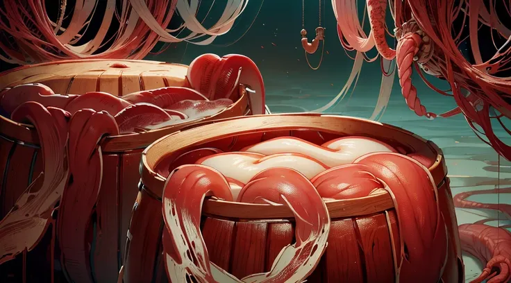 wooden barrels filled with human intestines,  ((intestines)), blood, AnatomicTech
blood vessels, gore, horror, 