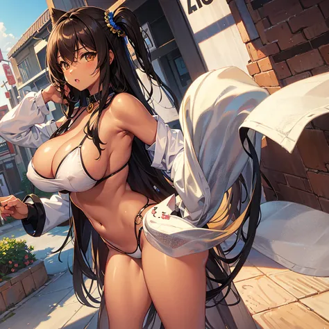 Neko girl with brown skin and brown eyes, with big, big breasts 