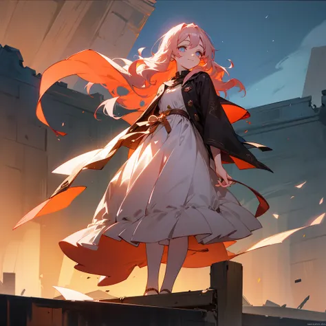 1female, adult, finely detailed ember eyes, wavy medium hair, pale rose hair, poor clothing, standing on ruined building, night time, happy expression, sunglasses