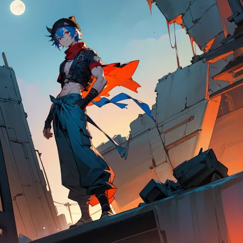 1male, adult, finely detailed red eyes, wild short hair, blue hair, poor clothing, tied around waist, baggy pants, standing on ruined building, night time, happy expression, muscular, goggles, dirty, beanie