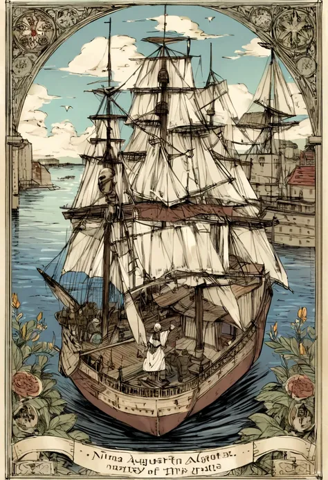 The Santa Maria, along with the Nina and the Pinta, departing from the port of Palos on August 3, 1492, with sailors waving goodbye. christoph colomb