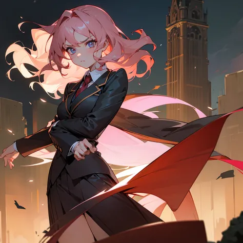 1female, adult, finely detailed ember eyes, wavy medium hair, pale rose hair, blazer suit, skirt, standing on ruined building, night time, serious expression