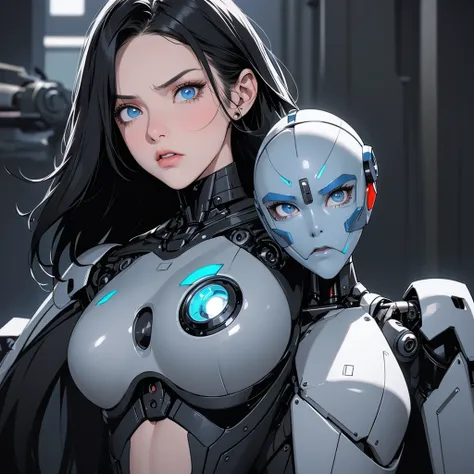 a girl with a full black robotic body, featuring sleek and high-tech components. She has short black hair, blue eyes, and an angry expression. She wears a robot mask that partially covers her face, blending seamlessly with her polished mechanical limbs and...