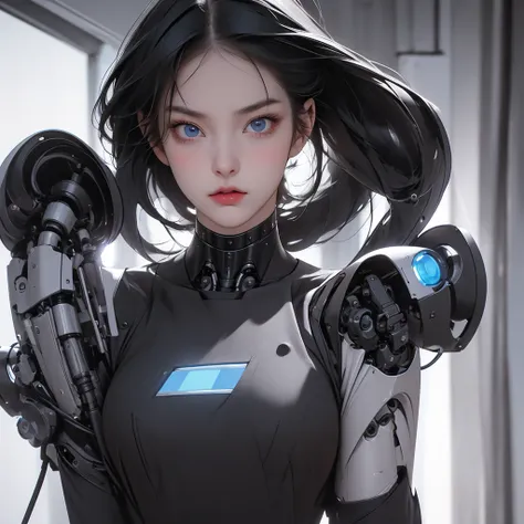 a girl with a full black robotic body, featuring sleek and high-tech components. She has short black hair, blue eyes, and an angry expression. She wears a robot mask that partially covers her face, blending seamlessly with her polished mechanical limbs and...