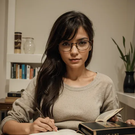 Give me more images of the same woman, en casa leyendo un libro con gafas 