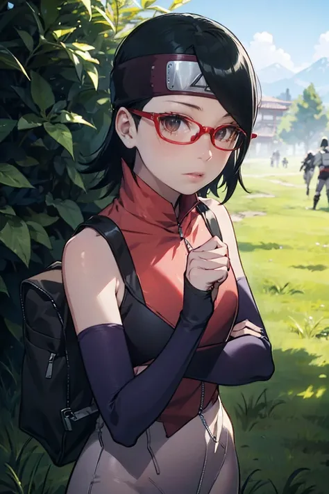 (Sarada Uchiha,short hair,black hair,glasses),full body picture Unreal Engine 5 8K UHD of beautiful girl, green Japanese style long hair, wearing futuristic black tight battle suit, half face mask, futuristic neck collar, grass green light details, best qu...