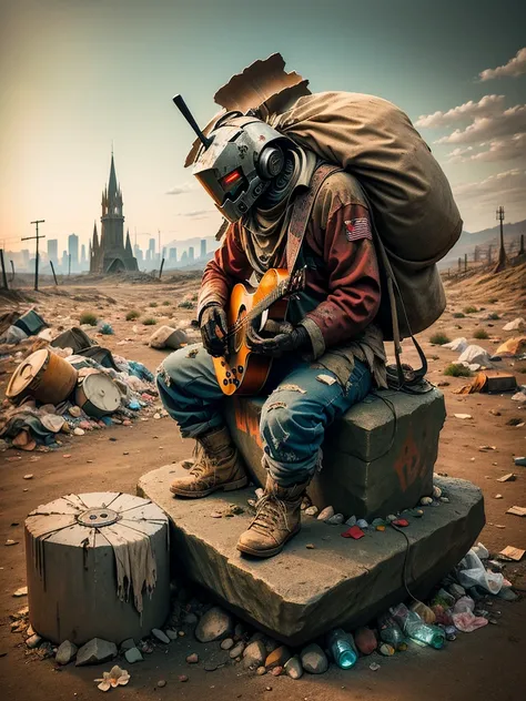 wasteland，(A very poor old mech sitting on a rock playing guitar:1.3)，(the guitar player)，(Sitting:1.2)，rust，Wearing tattered armor，The skyline in the distance，Gothic，moss，（A small white flower），（Cemetery），Gothic Church，（Blood red moon），Gothic Elements，wil...