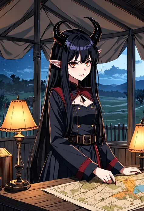  2D anime picture, (anime style 1), single girl, 16 years old, sadistic, demoness, small demoness horns, beautiful long black hairstyle, in so expensive and beautiful demon general clothes, stand in officer tent in military camp near desk with map, fantasy...