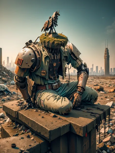 wasteland，(A very poor old mech sitting on a rock playing guitar:1.3)，(the guitar player)，(Sitting:1.2)，rust，Wearing tattered armor，The skyline in the distance，Gothic，moss，（A small white flower），（Cemetery），Gothic Church，（Blood red moon），Gothic Elements，wil...