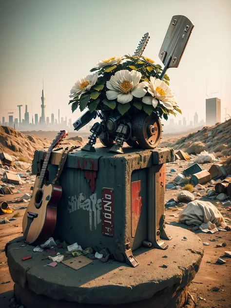 wasteland，(A very poor old mech sitting on a rock playing guitar:1.3)，(the guitar player)，(Sitting:1.2)，rust，Wearing tattered armor，The skyline in the distance，Gothic，moss，（A small white flower），（Cemetery），Gothic Church，（Blood red moon），Gothic Elements，wil...