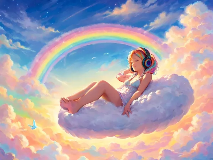 a stunningly ethereal woman, wearing headphones, composed of a dazzling array of rainbow hues, reclines gracefully at the end of...