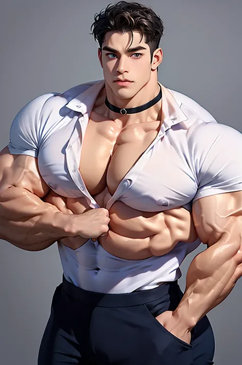 1boy, humungous wide muscles, wide shoulders, looking_at_viewer, choker, gorgeous eyes, tight clothes, unbottoned shirt cleavage, flexing biceps much bigger than head, exaggerate big cleavage pectorals, small cute face, in a serene natural background