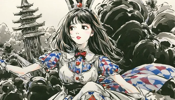 1girl, expressive black eyes, black hair, black patterned clothes dress ready for the battle, in wonderland, Yamada Akihiroi style, Ink Dyeing style