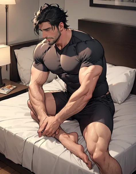 Ruggedly handsome older man DILF, with black hair. Dominant, Confident, bdsm, solo, laid in bed in bedroom