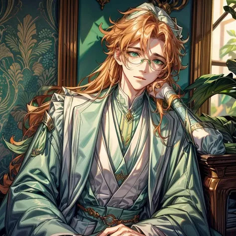 A tall male with long very light orange curly hair, green eyes and glasses and a kind facial expression .White and pastel light green , luscious silk outfit with jewerly incorporated. Different positions.Detailed art.Dynamic lighting.HDR.Masterpiece