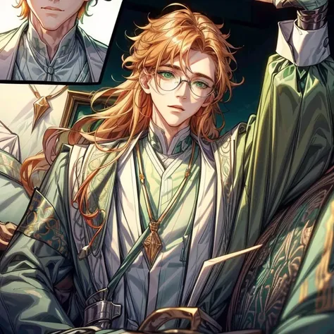 A tall male with long very light orange curly hair, green eyes and glasses and a kind facial expression .White and pastel light green , luscious silk outfit with jewerly incorporated. Different positions.Detailed art.Dynamic lighting.HDR.Masterpiece