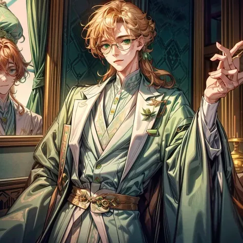 A tall male with long very light orange curly hair, green eyes and glasses and a kind facial expression .White and pastel light green , luscious silk outfit with jewerly incorporated. Different positions.Detailed art.Dynamic lighting.HDR.Masterpiece