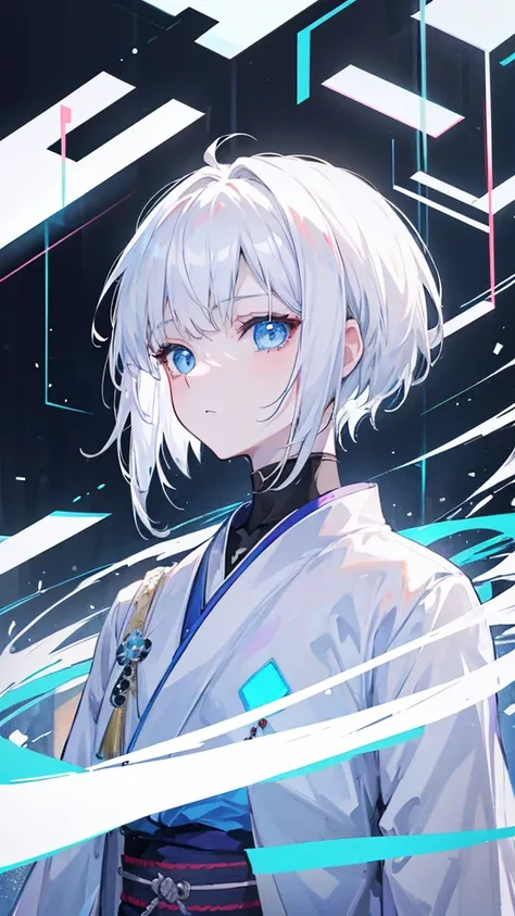 masterpiece, portrait, girl, androgynous, cyberpunk style kimono, white hair, natural short cut, bobbed hair, light blue eyes, white skin, transparent pigmentation, short stature, young appearance, ghost, highest quality