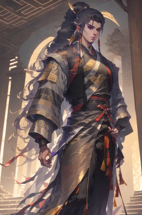 a man in a black robe, young and handsome man, ponytail, long hair, ancient chinese clothing, qi, a huge saber, ancient chinese ...