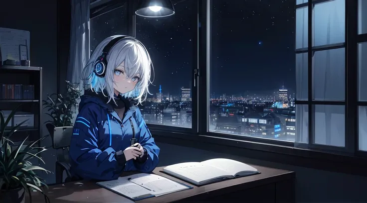 Neonlichter auf der Fensterbank leuchten nachts、Woman living alone studying at desk on left side wearing headphones。In der Ecke des Zimmers, The landscape is enveloped in the silence of the late night.、The beauty of the universe, die sich jenseits der Fens...