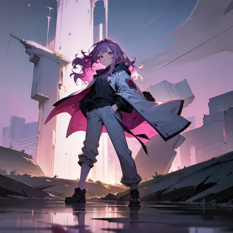 1female, adult, finely detailed lavander eyes, wavy medium hair, pale magenta hair, jacket, baggy pants, standing on ruined building, night time, serious expression