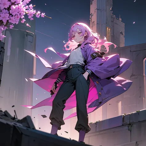 1female, adult, finely detailed lavander eyes, wavy medium hair, pale magenta hair, jacket, baggy pants, standing on ruined building, night time, serious expression